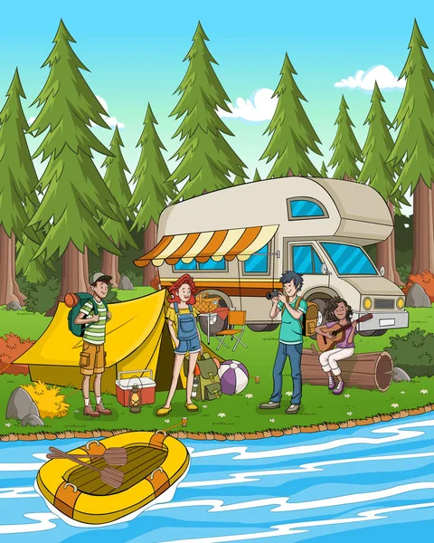 Cartoon Έφηβοι Στο Κάμπινγκ Φύση Camping Van Και Σκηνή — Διανυσματικό Αρχείο