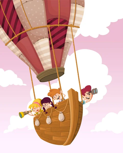 卡通片里的孩子们坐着热气球在木船上飞翔 — 图库矢量图片