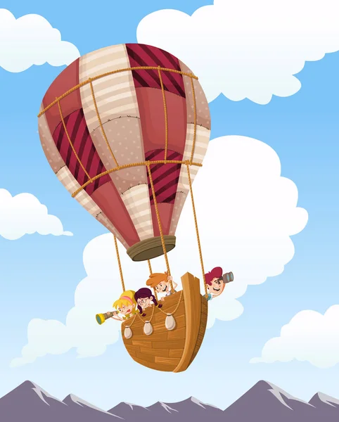 Cartoon Kinderen Houten Boot Een Hete Lucht Ballon Vliegen Lucht — Stockvector