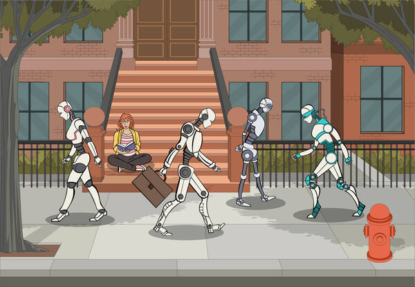 Современные роботы ходят по городу, пока женщина читает книгу. Работающие киборги в спешке
.