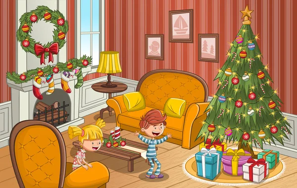Glada Tecknade Barn Tittar Julgran Med Gåvor — Stock vektor