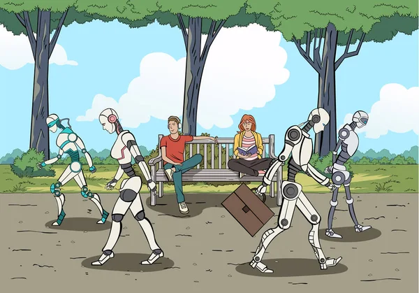 Robots Modernes Marchant Dans Parc Tandis Que Les Humains Reposent — Image vectorielle