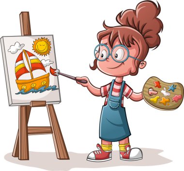 Cartoon girl painting a boat on canvas clipart