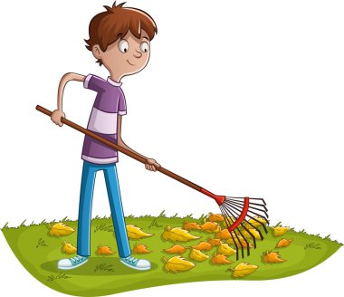 Çocuklar bahçede yaprakları tırmıklıyor. Bahçede tırmıkla çalışan bir genç..