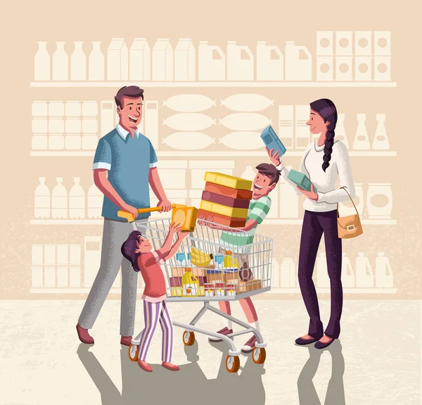 Joyeux Shopping Famille Dessin Animé Personnes Avec Panier Choisir Des — Image vectorielle