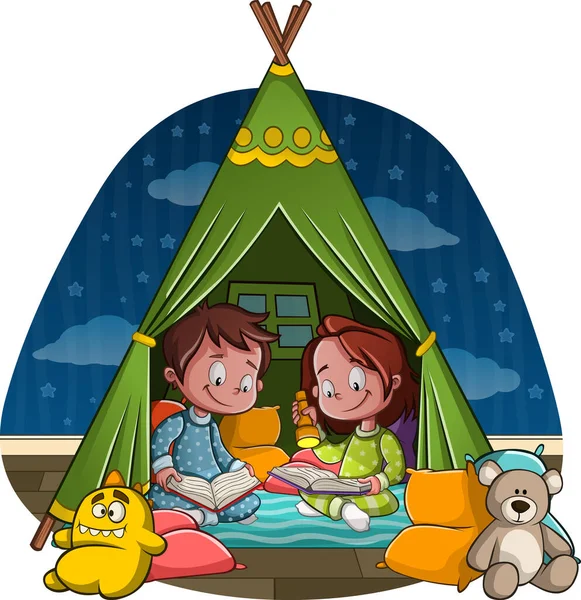 Cartoon Children Reading Books Tent Kid Reading Bedtime Stories Flashlight — Stock Vector