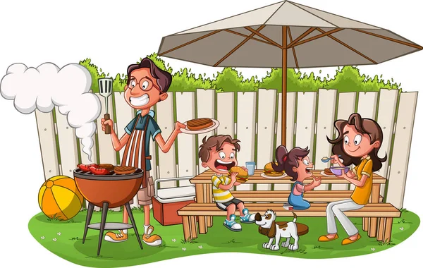 Çizgi film ailesi barbekü yapıyor. Aile güneşli bir günde bahçede.