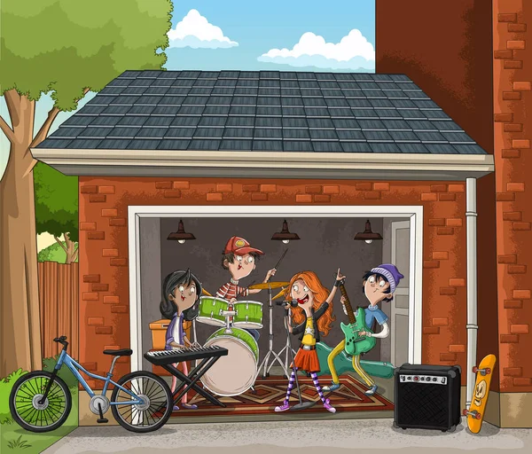 Cartoon Teenager Spielen Einer Garage Auf Einer Rock Roll Band — Stockvektor