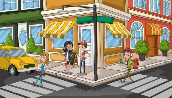 Straat Van Een Stad Met Cartoon Jongeren — Stockvector