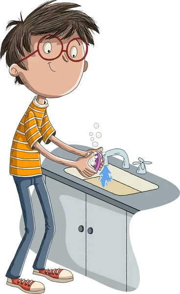 Γελοιογραφία Αγόρι Πλύσιμο Των Χεριών Στο Νεροχύτη Μπάνιο — Διανυσματικό Αρχείο
