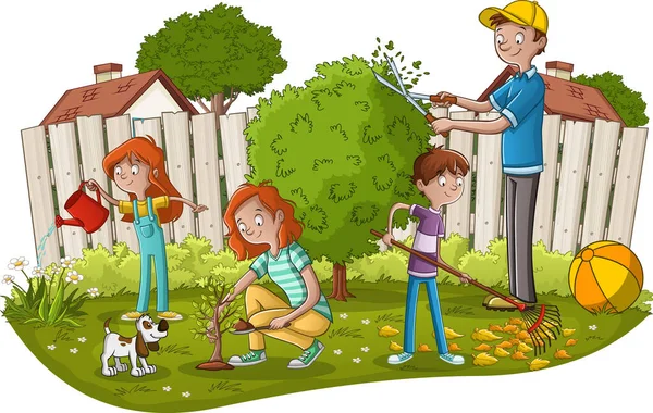 Cartoon Family Gardening People Working Garden — Stock Vector