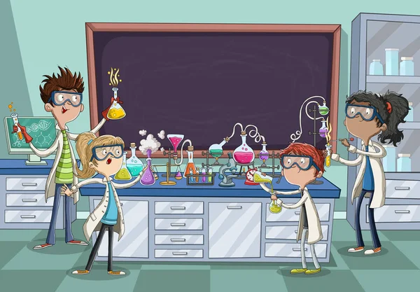 卡通学生在实验室里用化学液体进行研究 化学教室 — 图库矢量图片