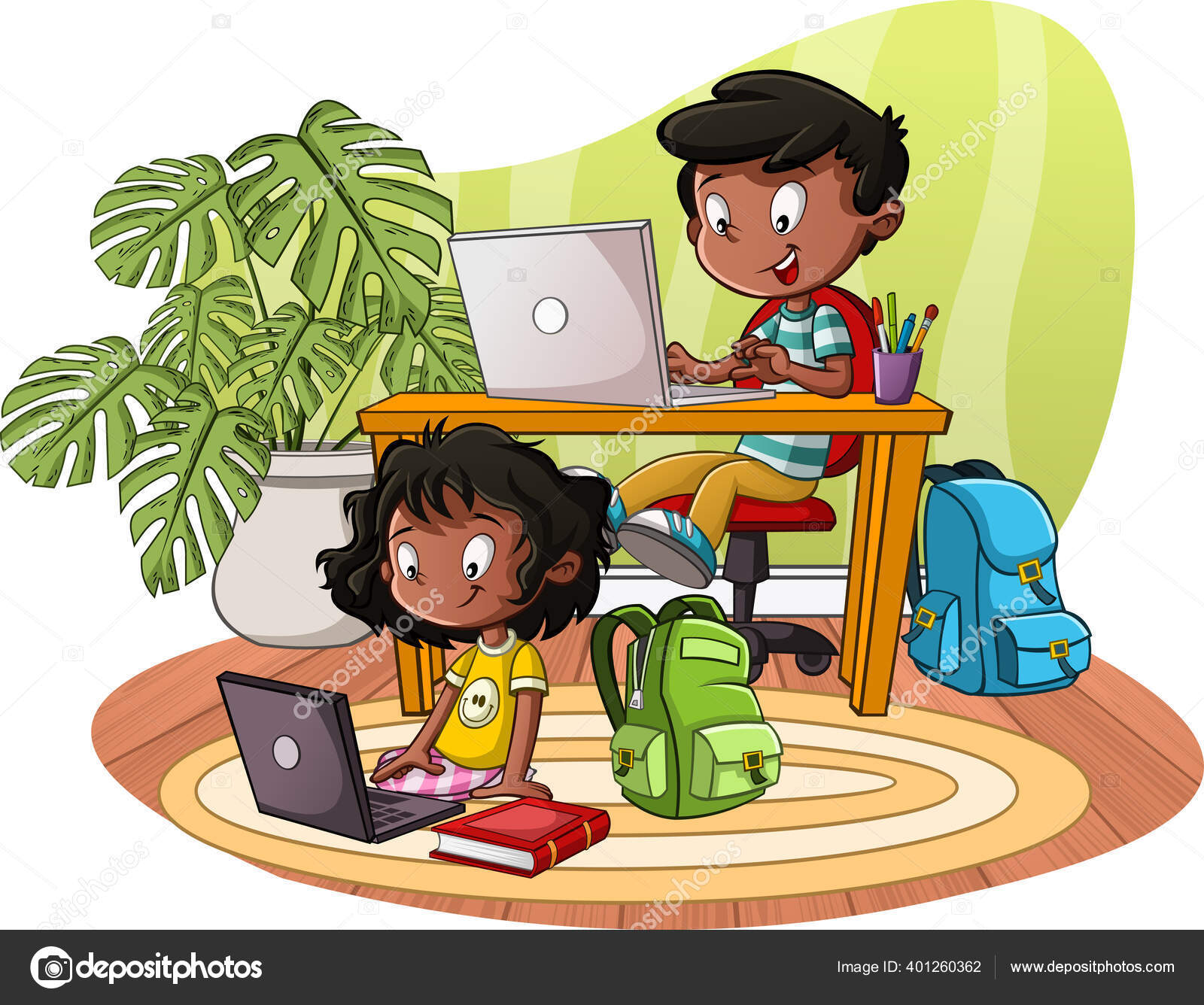 Children studying computers Vector Art Stock Images | Depositphotos
