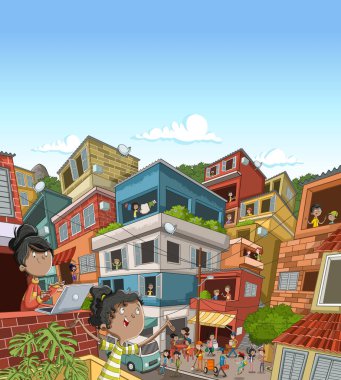 Fakir mahallede çizgi filmlerde oynayan mutlu insanlar. Gecekondu. Favela.