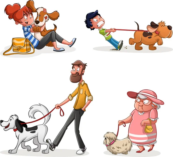 Cartoon people walking dogs. People with pets.