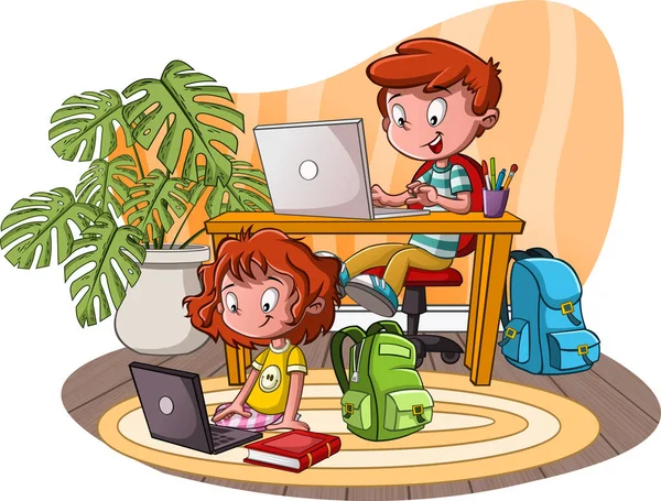 Carino Bambini Dei Cartoni Animati Che Studiano Con Computer Studenti — Vettoriale Stock