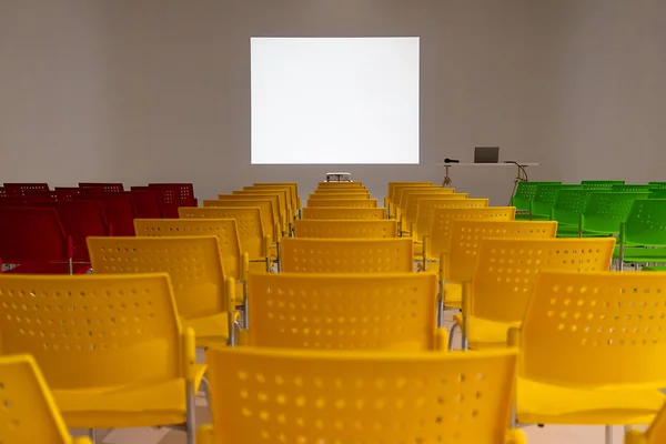 Ready Use Rows Colorful Chairs Conference Room Blank White Space — Stock Photo, Image
