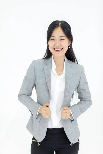 Asijská Dívka Rovné Vlasy Usmívající Světlé Věří Obleku Stojící Bílém — Stock fotografie