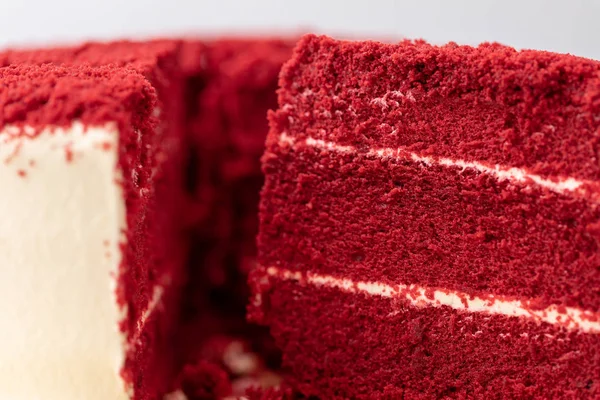 Red velvet cake beautiful texture with white cream line, close up shot.