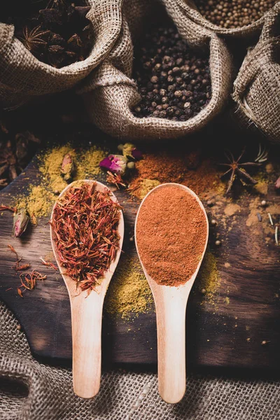 Colorful Various Spices Herbs Wood Spoon Natural Texture Burned Wood — Stock Photo, Image