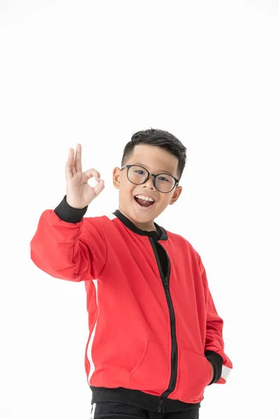 Portrait Asian Cute Boy Showing Okay Gesture Isolated White Background — Stok Foto