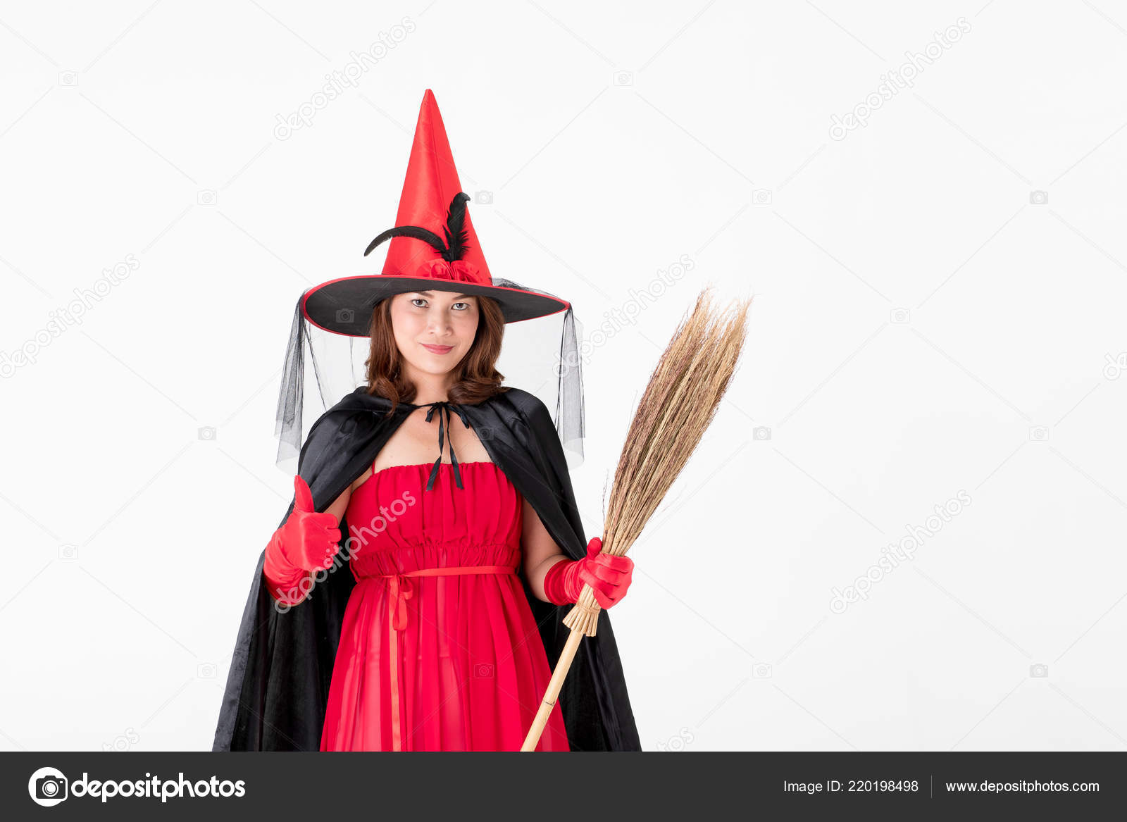 Woman Red Dress Costume Famale Witch Holding Broomstick