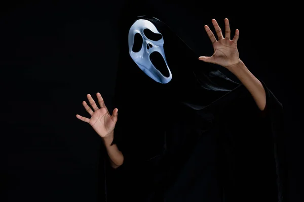 Någon Svart Klädsel Med Vita Ghost Mask Cosplay Djävulen Agerar — Stockfoto