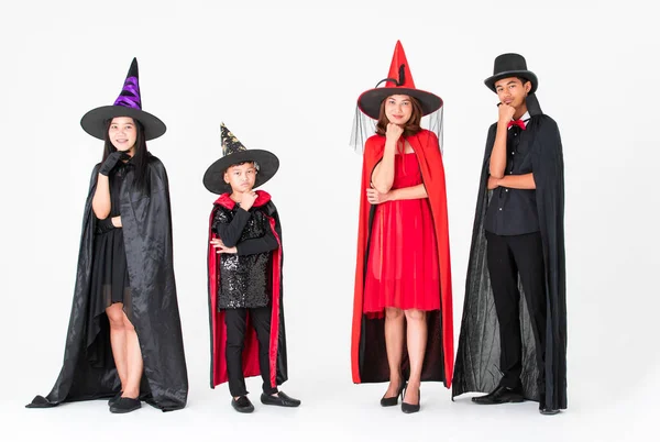 Group of family in fancy costume multiple style on white background. Concept for funny activity in halloween festival.