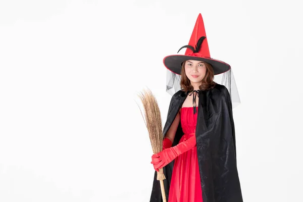 Woman Red Dress Costume Famale Witch Holding Broomstick Look Camera — Stock Photo, Image
