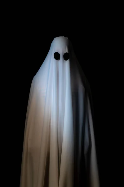 Someone covered with white cloth with big black eyes on black background look like ghost in night. Concept for funny playing in halloween festival.