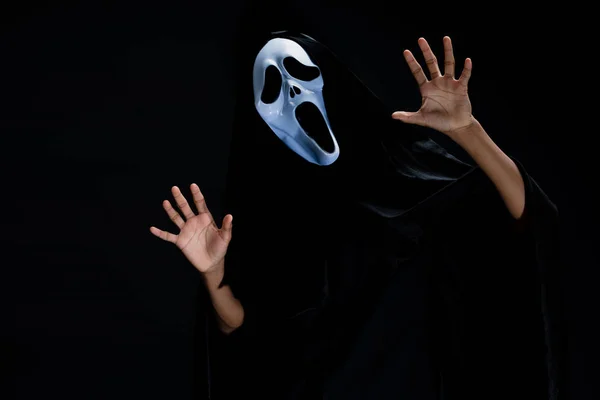 Someone Black Cover White Ghost Mask Cosplay Devil Acting Performing Stock Picture