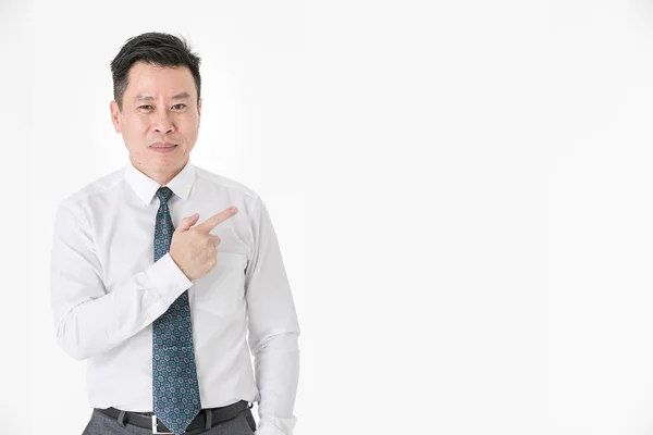 Asian Businessman Casual Shirt Which Pointing Finger Away Looking Camera — Stock Photo, Image