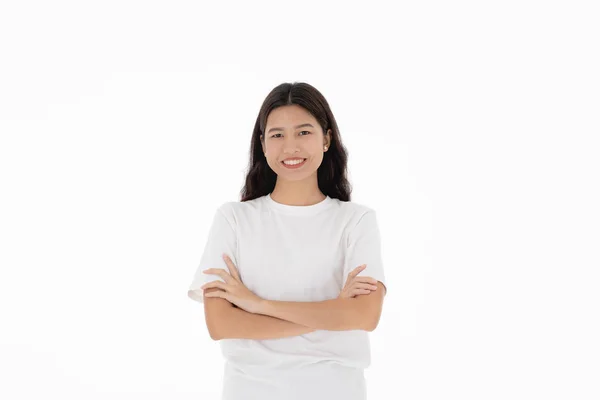 Retrato Jovem Mulher Asiática Apresentar Mãos Usa Shirt Branca Isolado — Fotografia de Stock