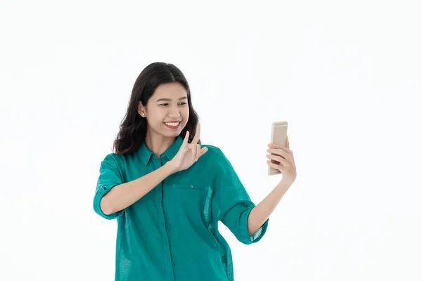 Portrait Young Asian Woman Presenting Hands Wears White Shirt Isolated — Stock Photo, Image