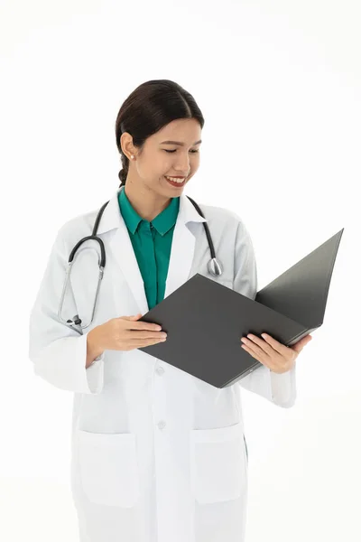 Asian Female Doctor Portrait Uniform Has Stethoscope Shoulder Holding File — Stock Photo, Image