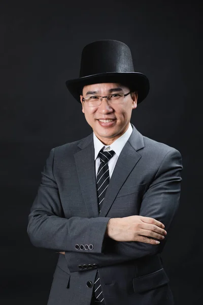 Portrait Asian Man Formal Suit Tie Wears Black Cylinder Hat — Stock Photo, Image