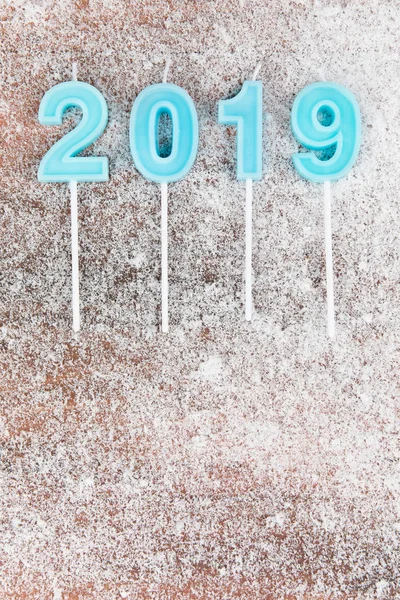 Año 2019 Diseño Vertical Color Azul Tablero Madera Copo Nieve — Foto de Stock