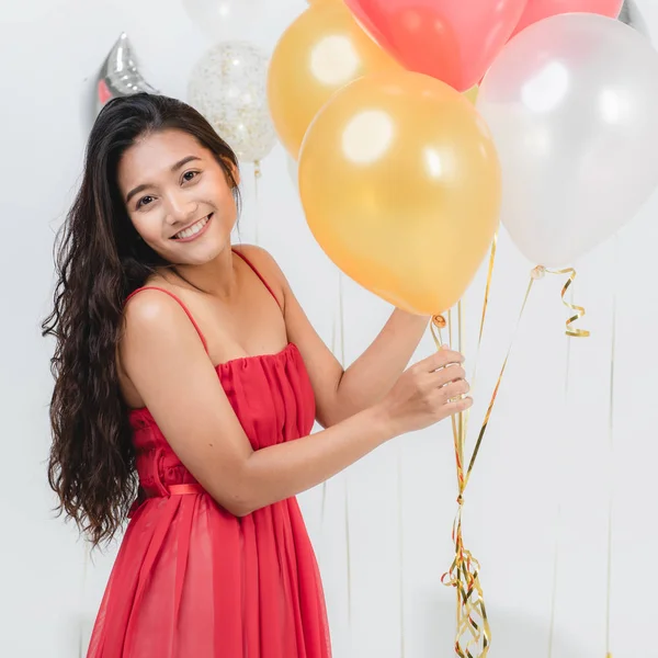 Beautiful Young Asian Woman Red Dress Happy Smiling Fun Party — Stock Photo, Image