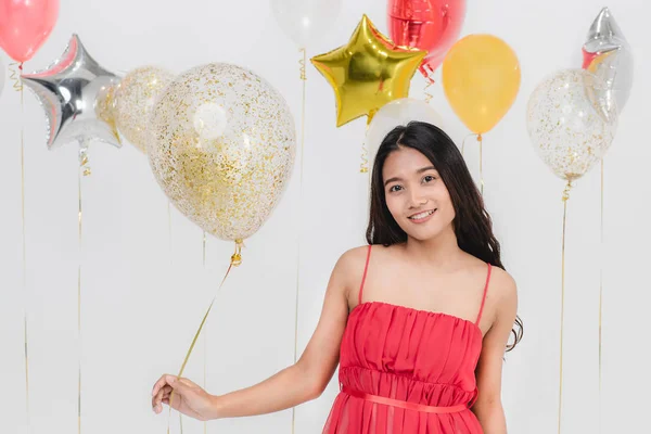 Beautiful Young Asian Woman Red Dress Happy Smiling Fun Party — Stock Photo, Image