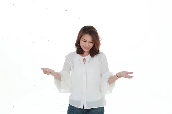 Retrato Jovem Bela Mulher Asiática Vestindo Blusa Branca Jeans Fazendo — Fotografia de Stock