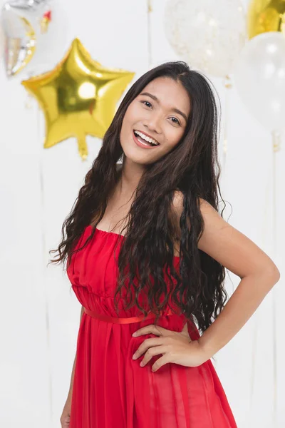 Portrait Young Beautiful Asian Lady Red Dress Hand Hip Smile — Stock Photo, Image