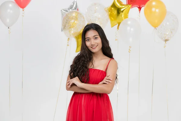 Portrait Young Beautiful Asian Lady Red Dress Look Straight Camera — Stock Photo, Image