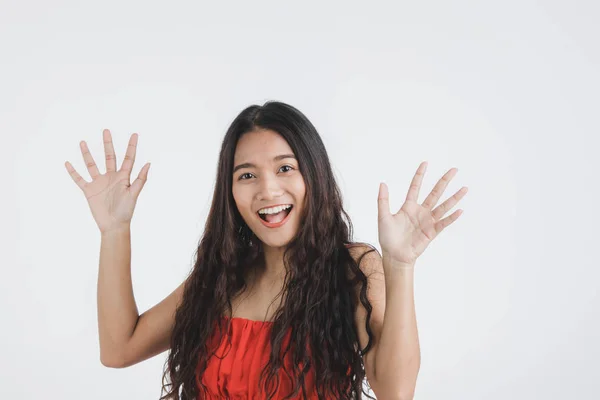 Beautiful Young Woman Red Dress Put Hands Covering Her Mouth — Stock Photo, Image