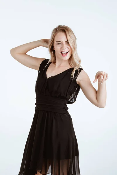 Beautiful Young Woman Black Dress Very Happy Enjoy Dancing Portrait — Stock Photo, Image