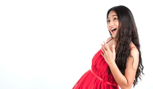 Beautiful Young Asian Woman Red Dress Very Happy Enjoy Dancing — Stock Photo, Image