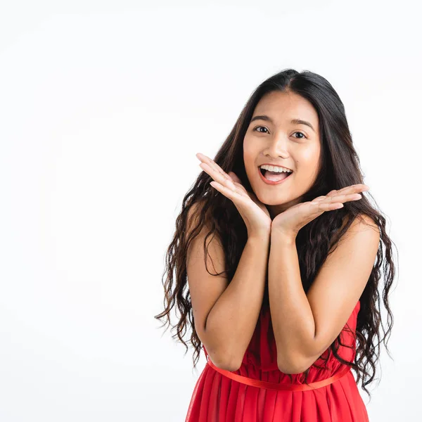 Beautiful Young Asian Woman Red Dress Feeling Very Happy Amazed — Stock Photo, Image