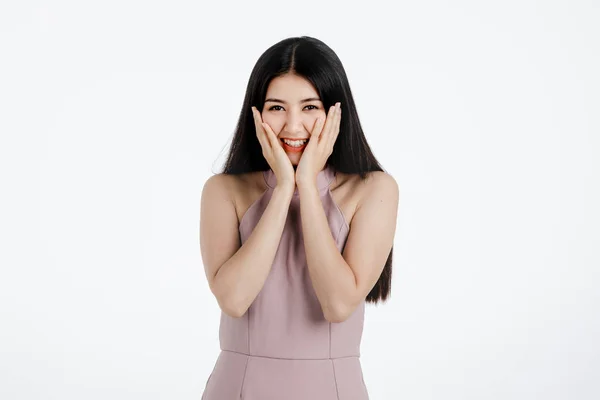 Beautiful Young Asian Woman Pink Dress Feeling Very Happy Amazed — Stock Photo, Image