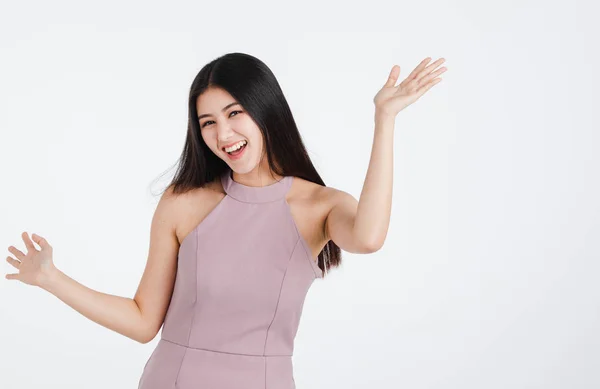 Beautiful Young Asian Woman Pink Dress Feeling Very Happy Enjoy — Stock Photo, Image