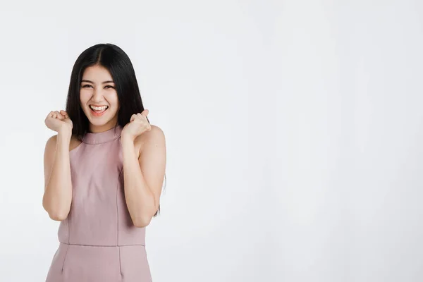 Gyönyörű Fiatal Ázsiai Rózsaszín Ruha Nagyon Boldog Érzés Ámulatba Izgatott — Stock Fotó