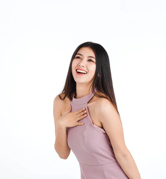 Beautiful Young Asian Woman Pink Dress Feeling Very Happy Amazed — Stock Photo, Image